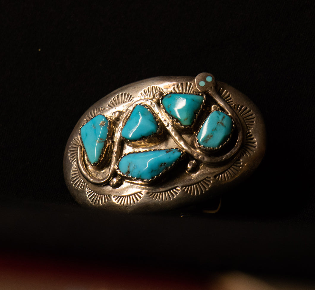 Zuni belt buckle by Effie C. Turquoise and sterling silver. - Atira's Southwest